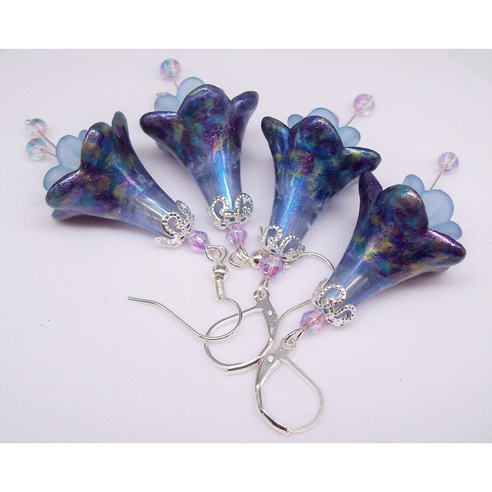Boho Flower Earrings Dangle, Blue, Hand Painted, Artisan Crafted, Floral Jewelry
